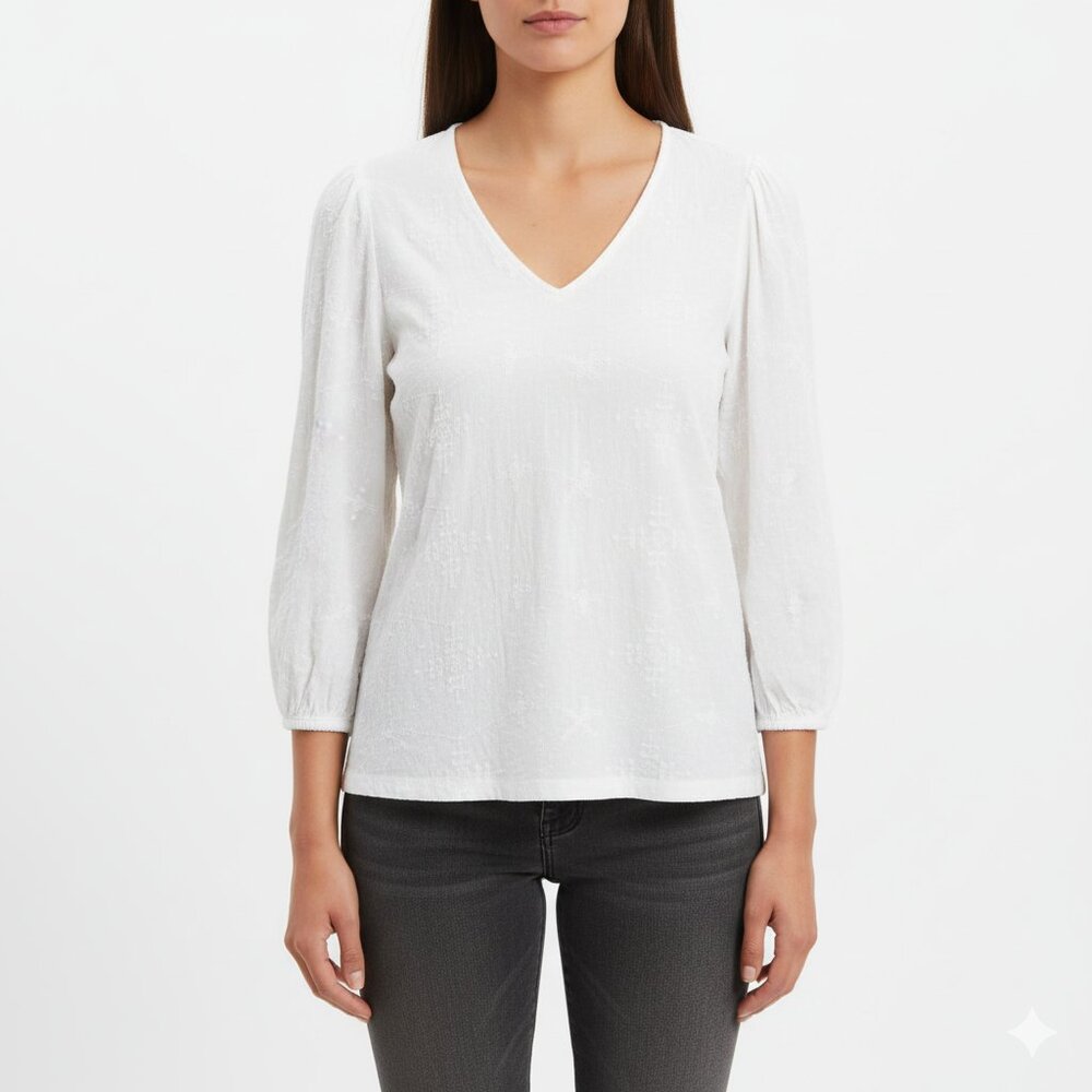 Lucky Brand Embroidered V-Neck Top White Textured Cotton – Women’s L